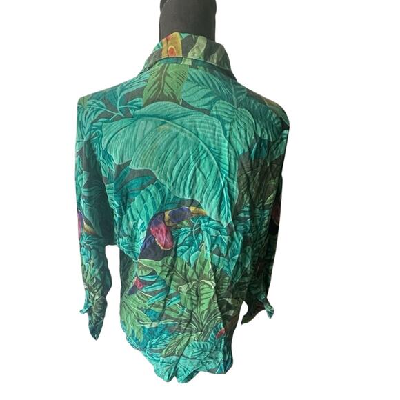 Linda Allard Ellen Tracy Tropical Print Button Down Shirt Toucan & Green Leaves - Picture 6 of 8